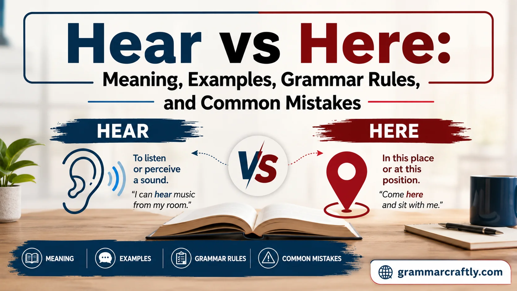 Hear vs Here: Meaning, Examples, Grammar Rules, and Common Mistakes